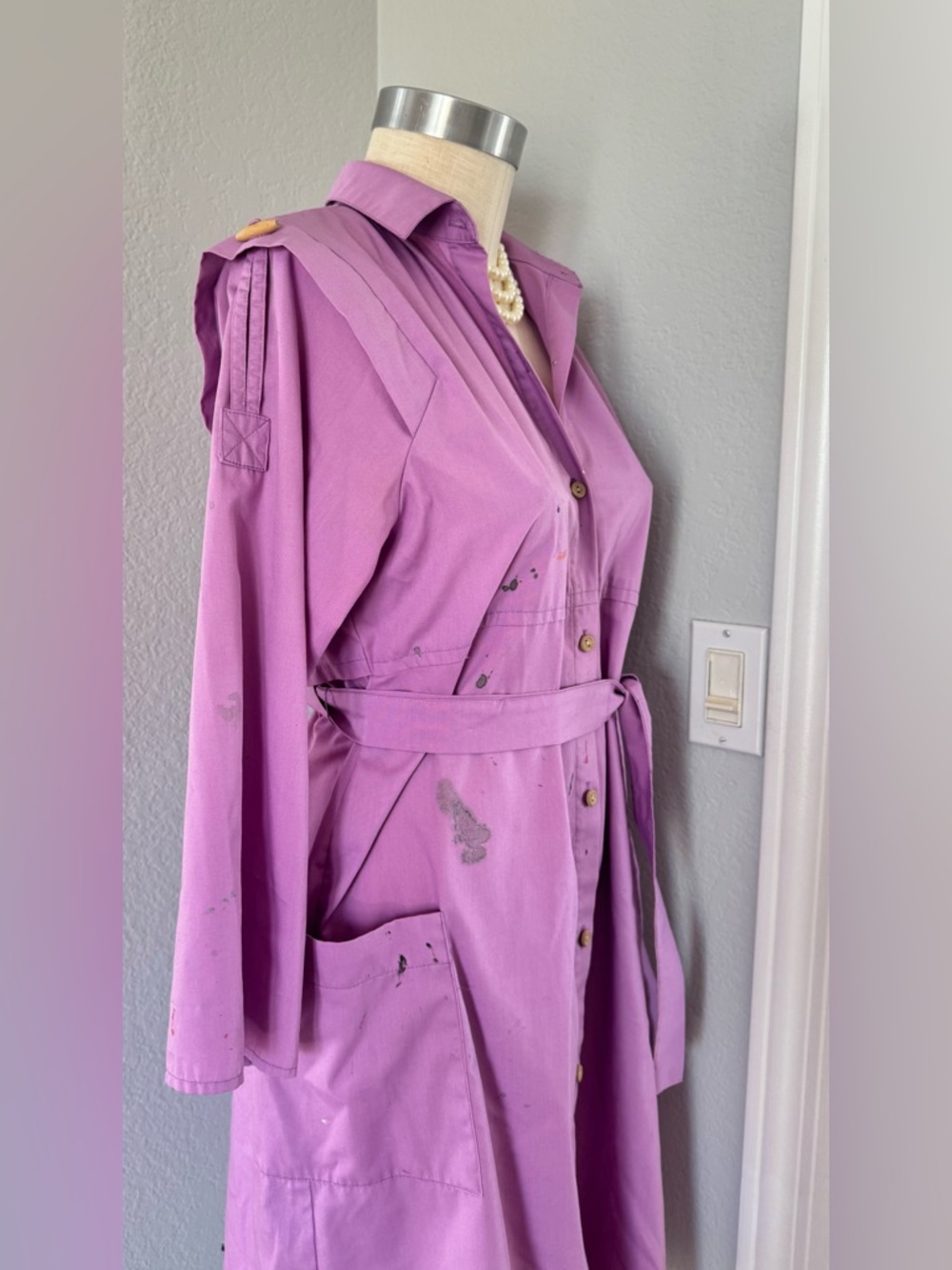 Vintage Painting Smock Petrona USA Made Button Dress Tie Belt 2 Pockets - Picture 4 of 14